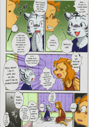 Size: 874x1240 | Tagged: suggestive, artist:mikazuki karasu, big cat, cougar, felid, mammal, tiger, cub, male, young, comic:the greater contains the less, colored, translated, fur, kemono, kemoshota, panicked expression, stripes, tan fur, white fur