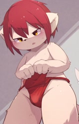 Size: 1033x1624 | Tagged: suggestive, artist:aoino, anthro, boy, cub, male, solo boy, solo cub, solo male, young, amber eyes, blushing, bulge, clothing, fundoshi, fur, hair, kemono, kemoshota, nipples, solo, sweat, topless, undressing, undressing self, white fur