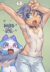 Size: 848x1200 | Tagged: safe, artist:cuttlefish, anthro, anthro/anthro, boy, boy/boy, chibi, cub, cub/cub, male, male/male, males only, young, young/young, blue eyes, blushing, bulge, clothing, collar, duo, fur, hair, horns, kemono, kemoshota, nipples, one eye closed, purple eyes, topless