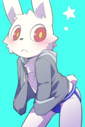 Size: 667x1000 | Tagged: safe, artist:koogami, lagomorph, mammal, rabbit, boy, cub, male, solo boy, solo cub, solo male, young, blushing, clothing, fur, hoodie, jacket, jockstrap, kemono, kemoshota, open jacket, red eyes, solo, tail, underwear, white fur