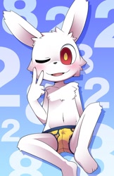 Size: 1000x1547 | Tagged: safe, artist:koogami, lagomorph, mammal, rabbit, anthro, boy, cub, male, plantigrade, solo boy, solo cub, solo male, young, blushing, bulge, clothing, fur, kemono, kemoshota, looking at you, navel, smiling, smiling at you, solo, topless, underwear, white fur, winking