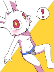 Size: 750x1000 | Tagged: safe, artist:koogami, lagomorph, mammal, rabbit, anthro, boy, cub, male, plantigrade, solo boy, solo cub, solo male, young, blushing, bulge, clothing, fur, kemono, kemoshota, navel, solo, tail, topless, underwear, white fur