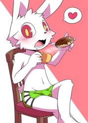 Size: 713x1000 | Tagged: safe, artist:koogami, lagomorph, mammal, rabbit, anthro, boy, cub, male, plantigrade, solo boy, solo cub, solo male, young, blushing, bulge, clothing, donut, drink, drinking, eating, fur, holding food, kemono, kemoshota, looking at you, navel, open mouth, red eyes, solo, teeth, topless, underwear, white fur