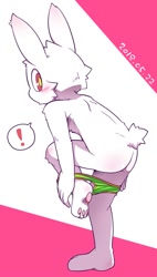 Size: 569x1000 | Tagged: safe, artist:koogami, lagomorph, mammal, rabbit, anthro, boy, cub, male, plantigrade, solo boy, solo cub, solo male, young, 2018, blushing, bulge, butt, clothing, fur, kemono, kemoshota, looking at you, looking back, looking back at you, looking over shoulder, navel, pawpads, solo, tail, topless, underwear, white fur, winking
