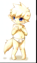 Size: 960x1630 | Tagged: safe, artist:kasasagi, panashe, canid, dog, mammal, anthro, boy, cub, male, solo boy, solo cub, solo male, young, summon night, ai enhanced, blue eyes, blushing, briefs, chest tuft, clothing, floppy ears, fur, kemono, kemoshota, solo, underwear