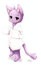 Size: 1300x2062 | Tagged: safe, artist:kasasagi, shin kuroi, cat, felid, mammal, anthro, boy, chibi, cub, male, young, morenatsu, barefoot, clothing, dress shirt, feet, fur, kemono, kemoshota, purple fur, solo, standing, tail, yellow eyes