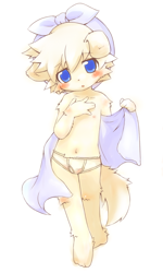 Size: 600x1002 | Tagged: safe, artist:kasasagi, panashe, canid, dog, mammal, anthro, boy, cub, male, plantigrade, solo boy, solo cub, solo male, young, summon night, blue eyes, blushing, briefs, clothing, floppy ears, fur, hat, kemono, kemoshota, looking at you, solo, standing, tail, topless, towel, underwear, yellow fur