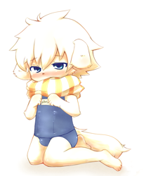 Size: 800x889 | Tagged: safe, artist:kasasagi, canid, dog, mammal, anthro, boy, cub, male, young, blue eyes, blushing, bulge, clothing, crossdressing, half-closed eyes, kemono, kemoshota, kneeling, looking down, narrowed eyes, scarf, sitting, solo, swimwear, text, wariza