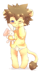 Size: 417x743 | Tagged: suggestive, artist:kasasagi, oc:kasasagi, big cat, felid, lagomorph, lion, mammal, rabbit, anthro, boy, cub, male, solo boy, solo cub, solo male, young, blue eyes, blushing, briefs, bulge, clothing, fur, kemono, kemoshota, one eye closed, plushie, sleepy, solo, standing, underwear, yellow fur