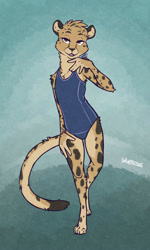 Size: 600x1000 | Tagged: safe, artist:unimpressive, oc:carbine cat, big cat, cheetah, felid, mammal, anthro, boy, male, slender, solo boy, solo male, solo teen, teen, twink, young, digital, 2021, bedroom eyes, brown eyes, clothing, ears, fur, looking at you, one-piece swimsuit, paws, solo, swimsuit, swimwear, tail, tan fur