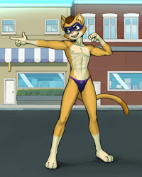 Size: 2000x2500 | Tagged: suggestive, artist:diacord st, copycat, cat, felid, mammal, anthro, boy, male, slender, solo boy, solo male, solo teen, teen, twink, young, paw patrol, alternate version, digital, 2024, aged up, bulge, clothing, detailed background, ears, fur, hair, nipples, solo, speedo, swimsuit, tail, topless