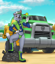 Size: 2300x2700 | Tagged: safe, artist:diacord st, rocky, canid, dog, mammal, mutt, anthro, boy, male, slender, solo boy, solo male, solo teen, teen, twink, young, paw patrol, alternate version, digital, 2022, aged up, ball cap, beach, boots, bulge, clothing, collar, detailed background, ears, fur, garbage truck, hand on hip, hat, jockstrap, looking at you, navel, ocean, posing, rock, sand, shoes, skimpy outfit, solo, speedo, swimsuit, tail, tennis ball, trash bag, truck, underwear, vehicle, water