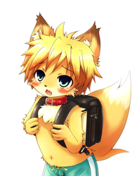 Size: 800x1066 | Tagged: safe, artist:kasasagi, canid, fox, mammal, anthro, boy, cub, male, solo boy, solo cub, solo male, young, backpack, blushing, clothing, fur, green eyes, holding backpack, kemono, kemoshota, open mouth, orange fur, solo, standing, swim trunks, swimwear, topless