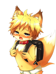 Size: 800x1066 | Tagged: safe, artist:kasasagi, canid, fox, mammal, anthro, boy, cub, male, solo boy, solo cub, solo male, young, alternate version, backpack, blushing, briefs, clothing, collar, fur, green eyes, half-closed eyes, holding backpack, kemono, kemoshota, narrowed eyes, orange fur, solo, standing, tears, topless, underwear