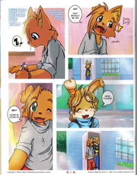 Size: 2512x3200 | Tagged: safe, artist:alejandro jimenez, artist:battle angel, artist:oscar eduardo, canid, lagomorph, mammal, boy, boy/boy, cub, cub/cub, male, male/male, males only, young, young/young, comic:softpaw 1, comic:the day before the exam, ai enhanced, colored, digital, backpack, blushing, brown fur, curly hair, fang, fully clothed, fur, green eyes, hair over one eye, looking at partner, looking at you, slice of life, smiling, smiling at you, spiked hair, teeth, text