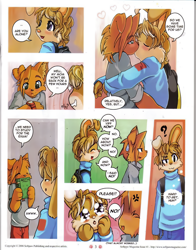 Size: 2512x3200 | Tagged: safe, artist:alejandro jimenez, artist:battle angel, artist:oscar eduardo, canid, lagomorph, mammal, anthro, anthro/anthro, boy, boy/boy, cub, cub/cub, male, male/male, males only, young, young/young, comic:softpaw 1, comic:the day before the exam, ai enhanced, colored, digital, backpack, begging, blushing, brown fur, curly hair, drooling, duo, fang, fully clothed, fur, green eyes, hair over one eye, heart, hearts around head, kissing, looking at partner, looking at you, puppy eyes, slice of life, smiling, smiling at you, spiked hair, tears, teeth, text