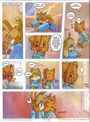 Size: 2360x3200 | Tagged: safe, artist:alejandro jimenez, artist:battle angel, artist:oscar eduardo, canid, lagomorph, mammal, boy, boy/boy, cub, cub/cub, male, male/male, males only, young, young/young, comic:softpaw 1, comic:the day before the exam, ai enhanced, colored, digital, backpack, blushing, brown fur, curly hair, eyes closed, fang, french kissing, fully clothed, fur, green eyes, hair over one eye, kissing, looking at partner, looking at you, slice of life, smiling, smiling at you, spiked hair, stretching, surprised, teeth, text