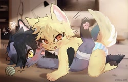 Size: 2048x1309 | Tagged: suggestive, artist:inchi, canid, dog, mammal, anthro, anthro/anthro, boy, boy/boy, boys only, cub, cub/cub, cubs only, male, male/male, males only, young, young/young, amber eyes, blushing, clothing, cuddling, duo, fur, hair, kemono, kemoshota, licking lips, looking at you, one eye closed, panties, panting, pawpads, red eyes, topless, underwear, underwear down