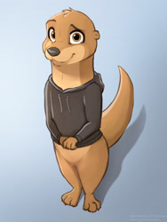 Size: 2100x2800 | Tagged: safe, artist:comatose, oc:comatose, mammal, mustelid, otter, boy, cub, male, solo boy, solo cub, solo male, young, bottomless, clothing, featureless crotch, hoodie, jacket, looking at you, solo, standing, sweater