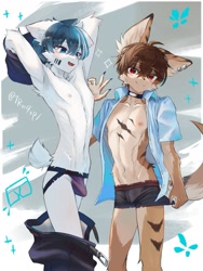 Size: 1351x1793 | Tagged: suggestive, artist:shironoa, oc only, ambiguous species, mammal, anthro, anthro/anthro, boy, boy/boy, boys only, cub, femboy, male, male/male, males only, slender, teen, teen/teen, teens only, twink, young, young/young, belly, blue eyes, boxer-briefs, bulge, clothing, collar, duo, ear piercing, earring, fingers, fur, hair, jockstrap, kemono, kemoshota, navel, nipples, open clothing, open shirt, piercing, red eyes, topless, underwear, undressing, undressing self