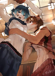 Size: 1676x2328 | Tagged: suggestive, artist:shironoa, ambiguous species, boy, boys only, cub, male, males only, teens only, young, basketball, blue eyes, blushing, brown fur, distracting partner, duo, fur, indoors, kemono, kemoshota, nipple oral, nipple play, sports, sweat, teeth, undressing, undressing self, white fur