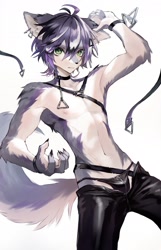 Size: 1272x1972 | Tagged: safe, artist:shironoa, canid, mammal, anthro, boy, cub, male, slender, solo boy, solo male, solo teen, teen, twink, young, bulge, clothing, collar, earring, fur, green eyes, harness, kemono, kemoshota, leash, leather, looking at you, navel, nipples, purple fur, skimpy outfit, solo, tail, thong, underwear, wardrobe malfunction, white fur