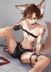 Size: 1439x2048 | Tagged: safe, artist:shironoa, canid, mammal, anthro, boy, cub, male, slender, solo boy, solo male, solo teen, teen, twink, young, brown fur, clothing, earring, fur, gloves, kemono, kemoshota, red eyes, shorts, skimpy outfit, solo, tail, tan fur, thong, underwear