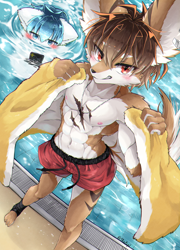 Size: 1800x2500 | Tagged: safe, artist:shironoa, canid, mammal, anthro, boy, boy focus, cub, male, teen focus, young, blushing, clothing, kemono, kemoshota, nipples, pecs, solo focus, swim trunks, swimming pool, topless, towel, wet, young focus