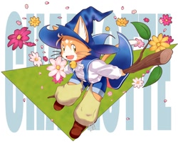 Size: 1597x1288 | Tagged: safe, artist:koda-kota, charlotte, cat, felid, mammal, anthro, boy, cub, male, solo boy, solo cub, solo male, young, anothereidos of dragon vein r, chaps, clothing, crotchless clothing, flower, fur, hat, kemono, kemoshota, magic staff, orange fur, plant, solo, wizard hat
