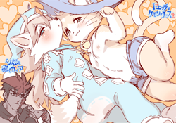 Size: 600x420 | Tagged: safe, artist:1boshi, charlotte, gaia, canid, cat, dog, felid, human, mammal, anthro, anthro/anthro, boy, boy/boy, cub, cub/cub, male, male/male, young, young/young, anothereidos of dragon vein r, bed, blushing, clothing, duo, duo focus, group, hat, kemono, kemoshota, nightcap, nipples, on bed, pajamas, shorts, sleepwear, wizard hat