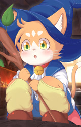 Size: 1856x2894 | Tagged: safe, artist:toruu, charlotte, cat, felid, mammal, anthro, boy, cub, male, young, anothereidos of dragon vein r, bell, bell collar, blushing, clothing, collar, crouching, fur, hat, kemono, kemoshota, magician, orange fur, solo, staff, wizard hat