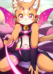 Size: 2500x3500 | Tagged: suggestive, artist:unrealplace, charlotte, cat, demon, felid, mammal, mythological creature, anthro, boy, cub, femboy, male, solo boy, solo cub, solo male, young, anothereidos of dragon vein r, 5 fingers, bell, bulge, fingers, horn, kemono, kemoshota, leash, navel, pov, solo, tail, whiskers, womb tattoo