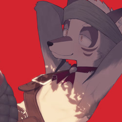 Size: 1080x1080 | Tagged: safe, artist:a_vwxyz, amorey, canid, fennec, fox, kobold, mammal, anthro, boy, male, slender, solo boy, solo male, solo teen, teen, twink, young, anothereidos of dragon vein r, accessory, hands behind head, headband, solo, yellow eyes