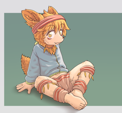 Size: 2220x2072 | Tagged: safe, artist:managunetto, ambiguous species, anthro, boy, cub, male, plantigrade, solo boy, solo cub, solo male, young, barefoot, blonde hair, butterfly sitting, clothing, fur, hair, hoodie, kemono, kemoshota, leaning on arms, loincloth, looking at you, solo, tribal, yellow eyes, yellow fur