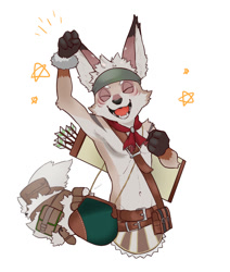 Size: 700x827 | Tagged: safe, artist:harukaze110, canid, fennec, fox, kobold, mammal, anthro, boy, cub, male, slender, solo boy, solo male, solo teen, teen, twink, young, accessory, bow and arrow, excited, eyes closed, fur, gray fur, headband, kemono, kemoshota, navel, quiver, smiling, solo, weapon