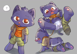 Size: 1684x1191 | Tagged: suggestive, artist:managunetto, cat, felid, mammal, anthro, boy, cub, male, plantigrade, solo boy, solo cub, solo male, young, blushing, bulge, clothing, collar, embarrassed, kemono, kemoshota, leash, lying, multiple poses, off-screen character, on back, pawpads, solo, sweat, underwear