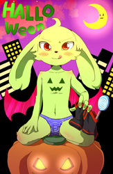 Size: 650x1000 | Tagged: suggestive, artist:raizinndx, lagomorph, mammal, rabbit, boy, cub, male, solo boy, solo cub, solo male, young, halloween, bulge, clothing, featureless chest, fur, jackolantern, kemono, kemoshota, solo, topless, underwear, yellow fur
