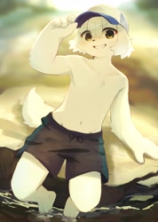 Size: 2122x2976 | Tagged: safe, artist:fumochi, canid, dog, mammal, anthro, boy, cub, male, solo boy, solo cub, solo male, young, ball cap, featureless chest, floppy ears, hat, kemono, kemoshota, looking at you, navel, partially submerged, smiling, smiling at you, solo, swim trunks, water