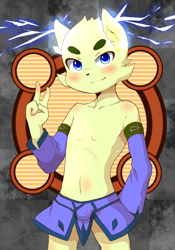 Size: 700x1000 | Tagged: safe, artist:shinobidx, canid, mammal, anthro, boy, cub, male, solo boy, solo cub, solo male, young, belly, blue eyes, blushing, bulge, clothing, featureless chest, kemono, kemoshota, looking at you, navel, skimpy outfit, solo