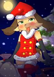 Size: 700x1000 | Tagged: safe, artist:shinobidx, canid, dog, mammal, anthro, boy, cub, male, solo boy, solo cub, solo male, young, christmas, holiday, blep, floppy ears, fur, kemono, kemoshota, santa hat, santa outfit, solo, tongue out, yellow fur