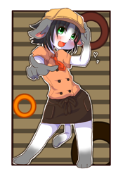 Size: 700x1000 | Tagged: safe, artist:shinobidx, canid, mammal, anthro, boy, cub, male, solo boy, solo cub, solo male, young, blushing, clothing, floppy ears, fully clothed, fur, gesture, gray fur, green eyes, hat, kemono, kemoshota, looking at you, pointing, pointing at you, solo, white fur
