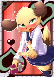 Size: 700x1000 | Tagged: safe, artist:shinobidx, canid, dog, mammal, anthro, boy, cub, male, solo boy, solo cub, solo male, young, crossdressing, green eyes, kemono, kemoshota, looking at you, schoolgirl uniform, skirt, solo