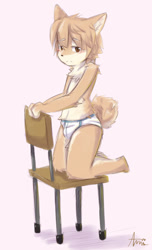 Size: 795x1308 | Tagged: safe, artist:annie_na_rak, canid, dog, mammal, shiba inu, anthro, boy, cub, male, plantigrade, solo boy, solo cub, solo male, young, sketch, blushing, briefs, bulge, clothing, kemono, kemoshota, looking at you, solo, topless, underwear