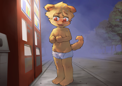 Size: 1684x1191 | Tagged: suggestive, artist:managunetto, canid, dog, mammal, anthro, boy, cub, male, solo boy, solo cub, solo male, young, alternate version, belly, briefs, bulge, clothing, hoodie, kemono, kemoshota, navel, outdoors, solo, topless, underwear, v lines