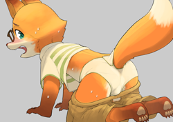 Size: 3508x2481 | Tagged: suggestive, artist:managunetto, canid, fox, mammal, red fox, anthro, boy, cub, male, solo boy, solo cub, solo male, young, blushing, briefs, clothing, dipstick tail, embarrassed, glasses, kemono, kemoshota, on all fours, on ground, open mouth, solo, tail, underwear