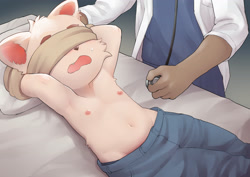 Size: 3508x2480 | Tagged: suggestive, artist:managunetto, adult, adult/cub, adult/young, anthro, anthro/anthro, boy, boy focus, cub, cub focus, male, male/male, man, man/boy, young, alternate version, age difference, blindfolded, doctor, doctor/patient, duo, kemono, kemoshota, medical exam, nipples, solo focus, v lines, young focus