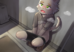 Size: 2064x1457 | Tagged: suggestive, artist:managunetto, canid, mammal, boy, cub, male, solo boy, solo cub, solo male, young, black fur, blushing, crouching, fur, implied masturbating, kemono, kemoshota, open mouth, solo
