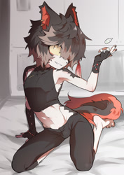 Size: 900x1268 | Tagged: safe, artist:kuroyuri, aak, felid, mammal, anthro, boy, cub, male, solo boy, solo cub, solo male, young, arknights, belly, bulge, clothing, kemono, kemoshota, looking at you, midriff, navel, skimpy outfit, solo