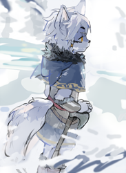 Size: 1833x2500 | Tagged: safe, artist:skollchan, canid, mammal, anthro, boy, cub, male, solo boy, solo cub, solo male, young, axe, daytime, fur, gray fur, hair, kemono, kemoshota, outdoors, snow, solo, white fur, winter
