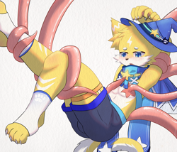 Size: 3500x3000 | Tagged: suggestive, artist:akari, cat, felid, mammal, anthro, boy, cub, feral, male, solo boy, solo cub, solo male, young, alternate version, blue eyes, bound, bulge, claws, fur, kemono, kemoshota, legs tied, paws, solo, tentacle on chest, tentacles, white fur, yellow fur